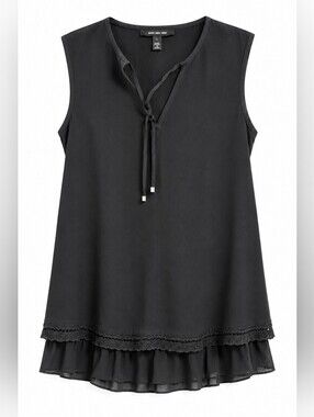 Long Tall Sally Women's Tall Black Sleeveless Tie Neck Blouse Sheer Hem Size L